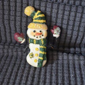 Vintage Clay Pin Brooch SnowMan Hat Wire arms Hand- painted 3'